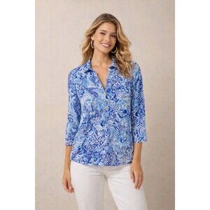 Lilly Pulitzer Ansley Polo Shirt 3/4 Sleeve Top Sz M Royal Animals Print Preppy